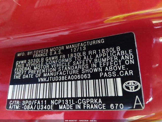 46263787 :رقم المزاد ، VNKJTUD38EA006063 vin ، 2014 Toyota Yaris L (tmmf Plant) مزاد بيع