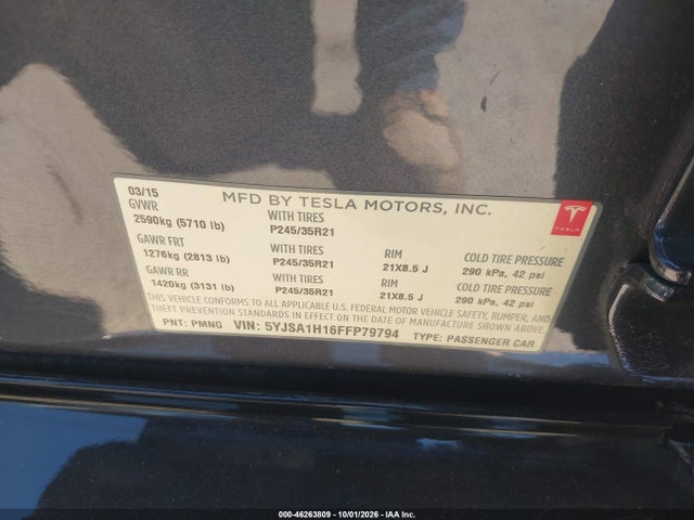 46263809 :رقم المزاد ، 5YJSA1H16FFP79794 vin ، 2015 Tesla Model S 60/70/85 مزاد بيع