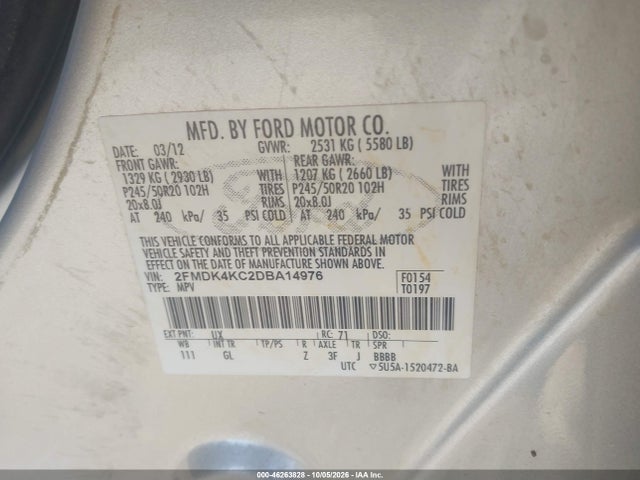 46263828 :رقم المزاد ، 2FMDK4KC2DBA14976 vin ، 2013 Ford Edge Limited مزاد بيع