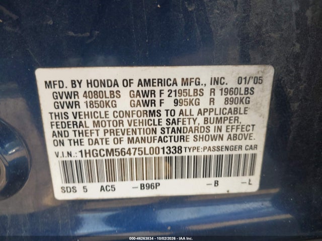 46263834 :رقم المزاد ، 1HGCM56475L001338 vin ، 2005 Honda Accord 2.4 Lx مزاد بيع