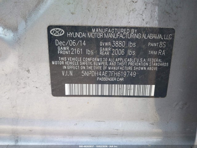 Продаж на аукціоні авто 2015 Hyundai Elantra Limited, vin: 5NPDH4AE7FH619749, номер лоту: 46263837