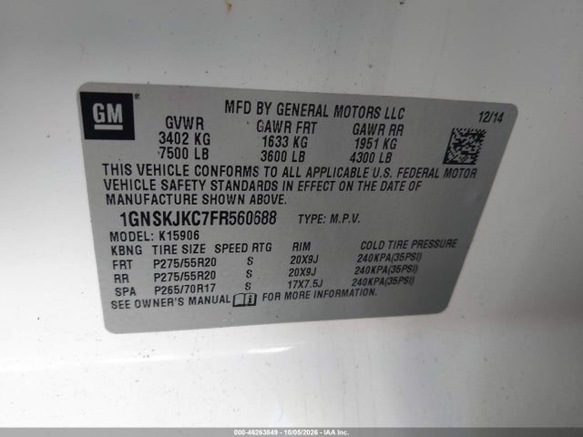 Aukcja sprzedaży 2015 Chevrolet Suburban 1500 Lt, vin: 1GNSKJKC7FR560688, numer aukcji: 46263849