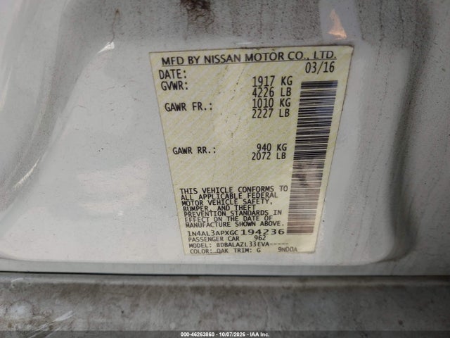 Aukcja sprzedaży 2016 Nissan Altima 2.5, vin: 1N4AL3APXGC194236, numer aukcji: 46263860