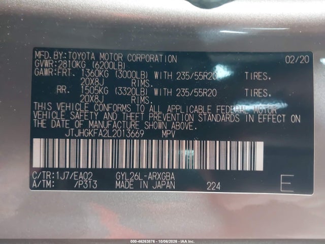 Продажа на аукционе авто 2020 Lexus Rx 450hl, vin: JTJHGKFA2L2013669, номер лота: 46263876