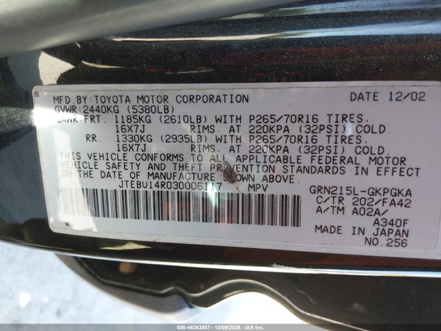 46263887 :رقم المزاد ، JTEBU14R030006117 vin ، 2003 Toyota 4runner Sr5 V6 مزاد بيع