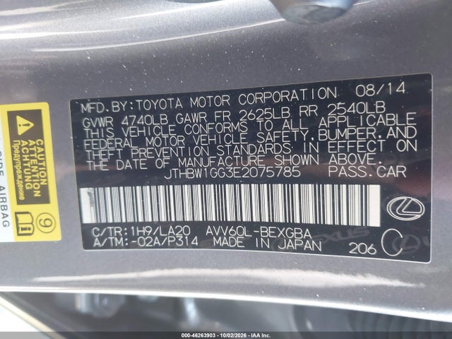 2014 Lexus Es 300h მანქანა იყიდება აუქციონზე, vin: JTHBW1GG3E2075785, აუქციონის ნომერი: 46263903