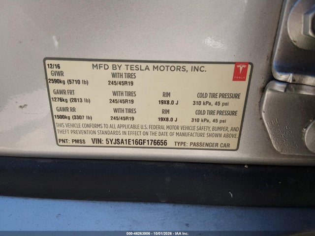 46263906 :رقم المزاد ، 5YJSA1E16GF176656 vin ، 2016 Tesla Model S 60/70/75/85 مزاد بيع