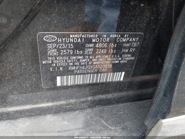 2016 Hyundai Azera Limited მანქანა იყიდება აუქციონზე, vin: KMHFH4JGXGA523838, აუქციონის ნომერი: 46263911