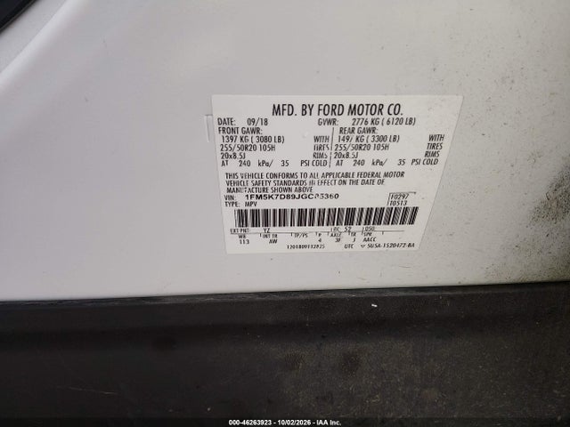 46263923 :رقم المزاد ، 1FM5K7D89JGC85360 vin ، 2018 Ford Explorer Xlt مزاد بيع
