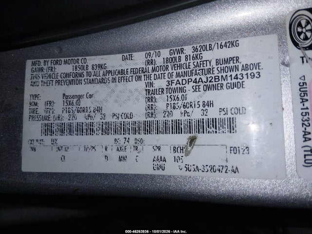 Продаж на аукціоні авто 2011 Ford Fiesta S, vin: 3FADP4AJ2BM143193, номер лоту: 46263936