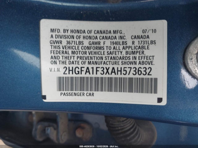 2010 Honda Civic Vp მანქანა იყიდება აუქციონზე, vin: 2HGFA1F3XAH573632, აუქციონის ნომერი: 46263939
