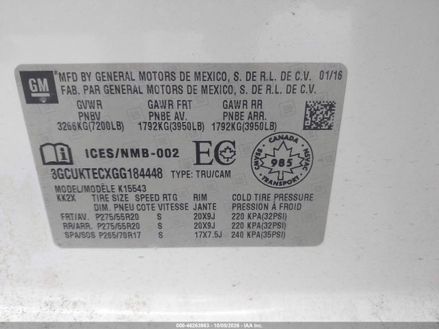 Aukcja sprzedaży 2016 Chevrolet Silverado 1500 High Country, vin: 3GCUKTECXGG184448, numer aukcji: 46263963