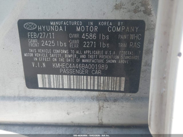 Aukcja sprzedaży 2011 Hyundai Sonata Hybrid, vin: KMHEC4A46BA001989, numer aukcji: 46263984