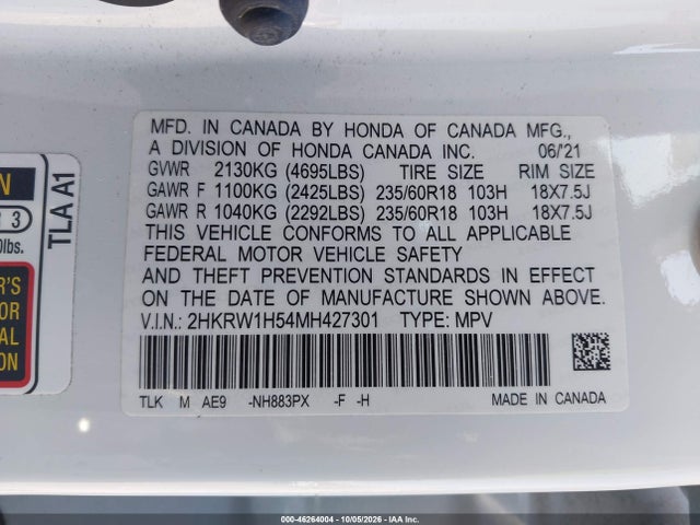 Aukcja sprzedaży 2021 Honda Cr-v 2wd Ex, vin: 2HKRW1H54MH427301, numer aukcji: 46264004