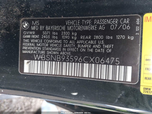 Продажа на аукционе авто 2006 Bmw M5, vin: WBSNB93596CX06475, номер лота: 46264037
