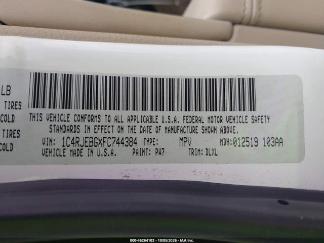 46264102 :رقم المزاد ، 1C4RJEBGXFC744384 vin ، 2015 Jeep Grand Cherokee Limited مزاد بيع