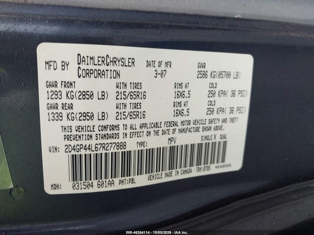 Продаж на аукціоні авто 2007 Dodge Grand Caravan Sxt, vin: 2D4GP44L67R277888, номер лоту: 46264114