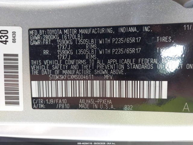 Aukcja sprzedaży 2021 Toyota Sienna Le, vin: 5TDKSKFCXMS004611, numer aukcji: 46264116