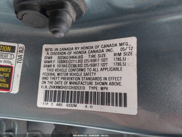 46264118 :رقم المزاد ، 2HKRM3H51CH505310 vin ، 2012 Honda Cr-v Ex مزاد بيع
