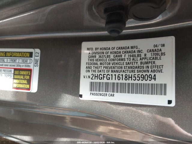 Продаж на аукціоні авто 2008 Honda Civic Lx, vin: 2HGFG11618H559094, номер лоту: 46264130
