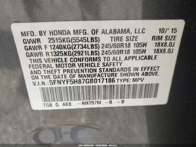 Aukcja sprzedaży 2016 Honda Pilot Ex-l, vin: 5FNYF5H87GB017186, numer aukcji: 46264158