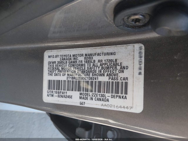 46264174 :رقم المزاد ، 2T1BR32E93C139241 vin ، 2003 Toyota Corolla Le مزاد بيع
