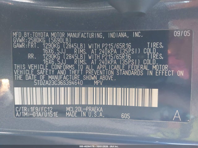 2006 Toyota Sienna Le მანქანა იყიდება აუქციონზე, vin: 5TDZA23C36S394640, აუქციონის ნომერი: 46264178