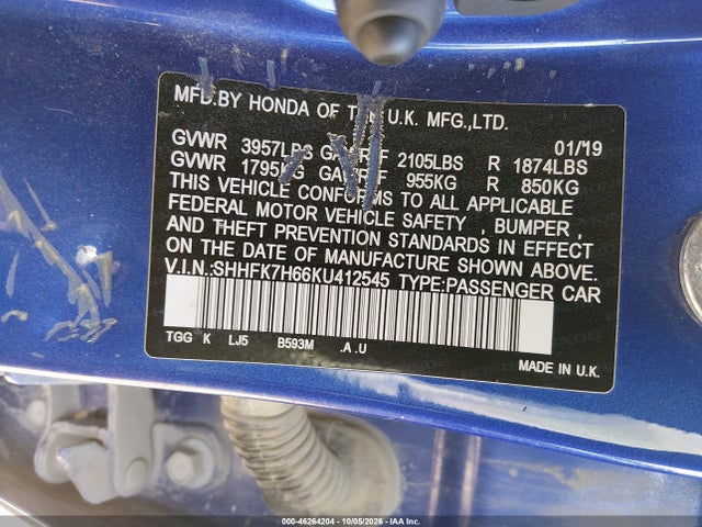 Honda CIVIC EX 2019 SHHFK7H66KU412545 Image 9