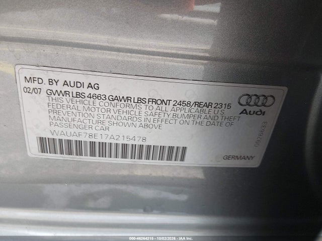 Aukcja sprzedaży 2007 Audi A4 2.0t, vin: WAUAF78E17A215478, numer aukcji: 46264215