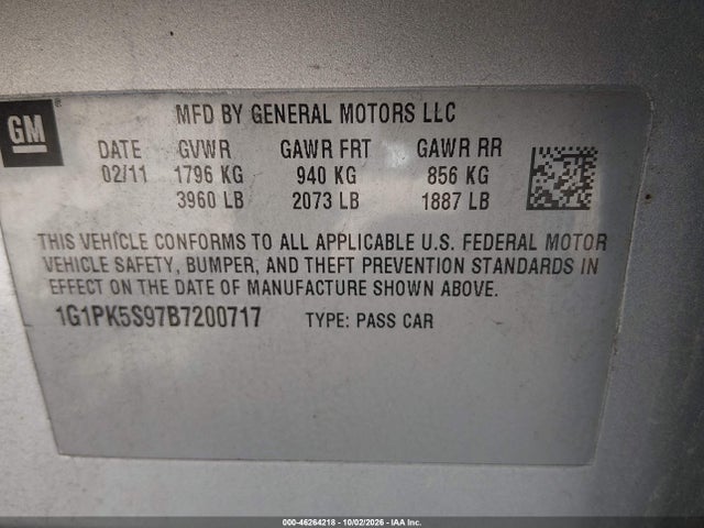 46264218 :رقم المزاد ، 1G1PK5S97B7200717 vin ، 2011 Chevrolet Cruze Eco مزاد بيع