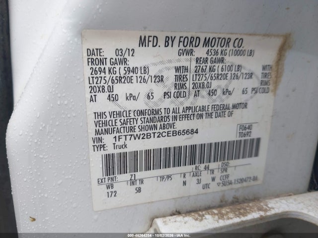 Продажа на аукционе авто 2012 Ford F-250 Lariat, vin: 1FT7W2BT2CEB65684, номер лота: 46264254