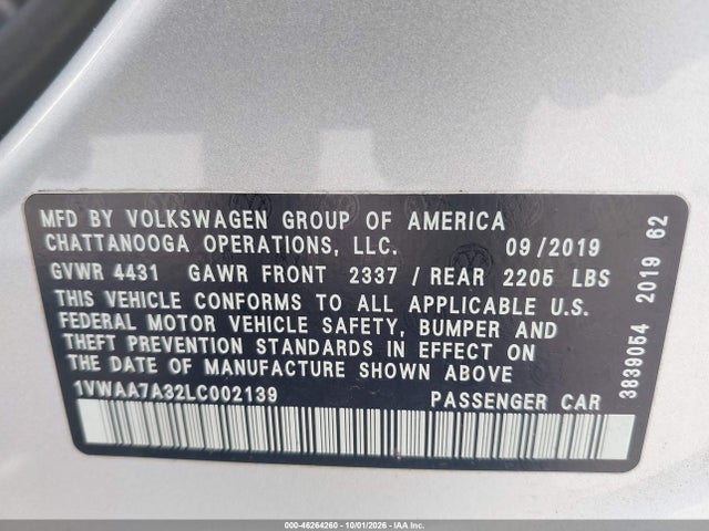 Aukcja sprzedaży 2020 Volkswagen Passat 2.0t S, vin: 1VWAA7A32LC002139, numer aukcji: 46264260