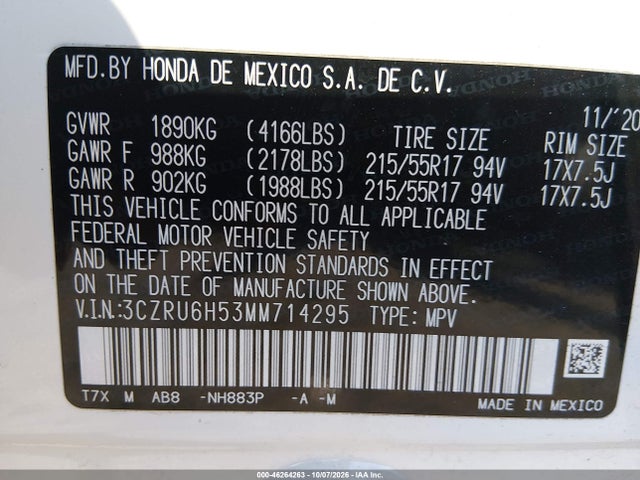 Aukcja sprzedaży 2021 Honda Hr-v Awd Ex, vin: 3CZRU6H53MM714295, numer aukcji: 46264263