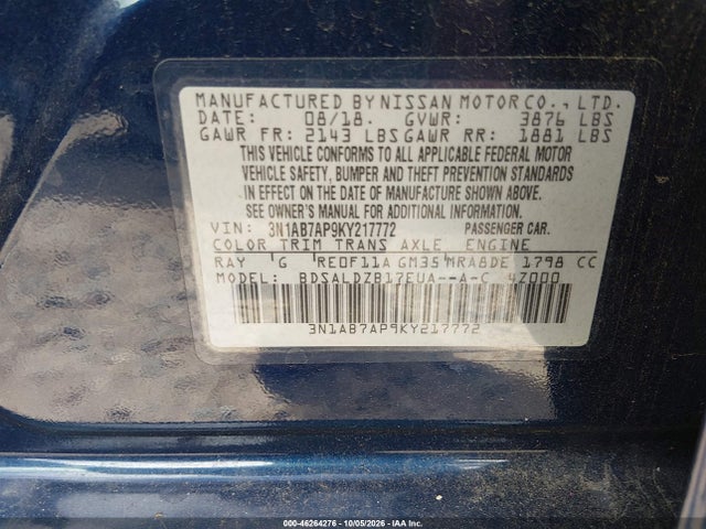 46264276 :رقم المزاد ، 3N1AB7AP9KY217772 vin ، 2019 Nissan Sentra Sv مزاد بيع