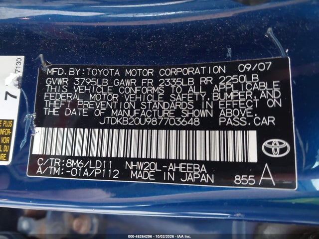 46264296 :رقم المزاد ، JTDKB20U987703648 vin ، 2008 Toyota Prius مزاد بيع