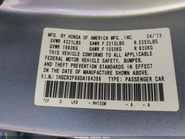 2013 Honda Accord Ex-l მანქანა იყიდება აუქციონზე, vin: 1HGCR2F86DA164396, აუქციონის ნომერი: 46264305
