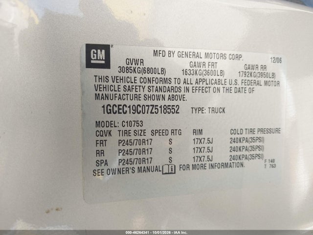 Aukcja sprzedaży 2007 Chevrolet Silverado 1500 Lt1, vin: 1GCEC19C07Z518552, numer aukcji: 46264341