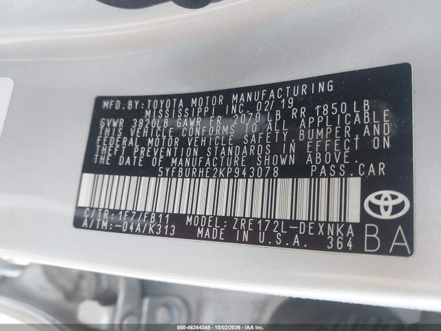 Продажа на аукционе авто 2019 Toyota Corolla Le, vin: 5YFBURHE2KP943078, номер лота: 46264348