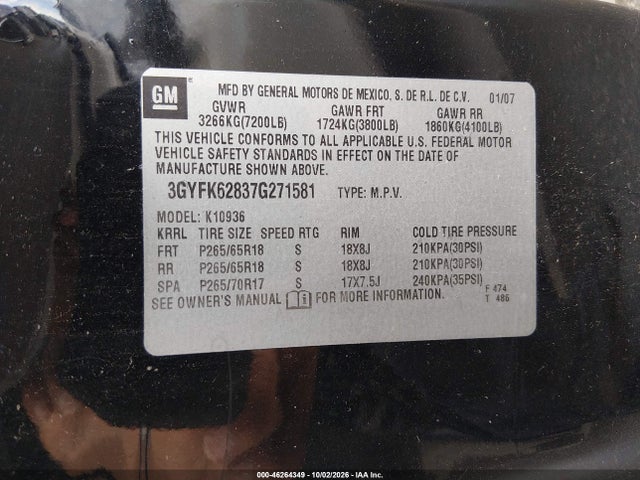 Aukcja sprzedaży 2007 Cadillac Escalade Ext Standard, vin: 3GYFK62837G271581, numer aukcji: 46264349