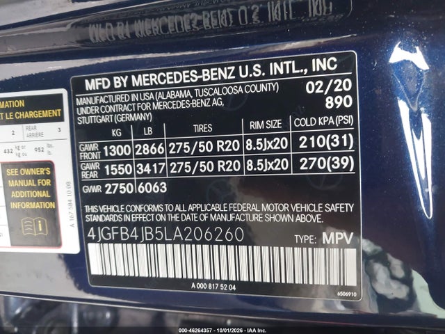 Aukcja sprzedaży 2020 Mercedes-benz Gle 350, vin: 4JGFB4JB5LA206260, numer aukcji: 46264357