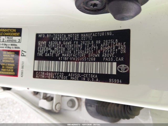 Продаж на аукціоні авто 2012 Toyota Camry Se, vin: 4T1BF1FK2CU551268, номер лоту: 46264372