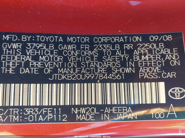 46264378 :رقم المزاد ، JTDKB20U997844561 vin ، 2009 Toyota Prius مزاد بيع