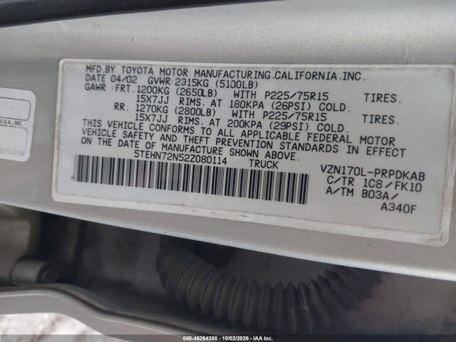 Aukcja sprzedaży 2002 Toyota Tacoma Base V6, vin: 5TEHN72N52Z080114, numer aukcji: 46264388