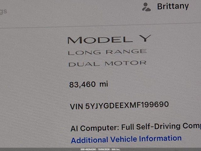 46264398 :رقم المزاد ، 5YJYGDEEXMF199690 vin ، 2021 Tesla Model Y Long Range Dual Motor All-wheel Drive مزاد بيع