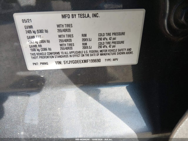 46264398 :رقم المزاد ، 5YJYGDEEXMF199690 vin ، 2021 Tesla Model Y Long Range Dual Motor All-wheel Drive مزاد بيع