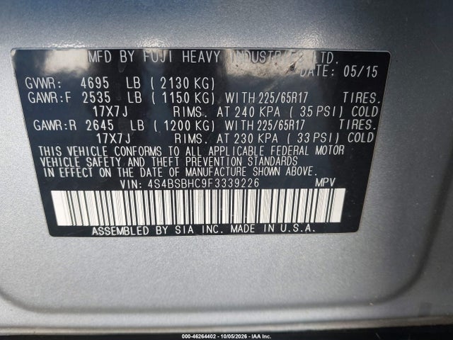 2015 Subaru Outback 2.5i Premium მანქანა იყიდება აუქციონზე, vin: 4S4BSBHC9F3339226, აუქციონის ნომერი: 46264402