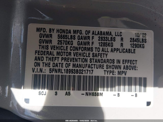 Продажа на аукционе авто 2003 Honda Odyssey Ex-l, vin: 5FNRL18993B021717, номер лота: 46264408