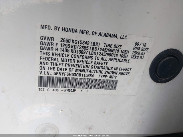 5FNYF6H53GB115384 Honda Pilot Ex-l
