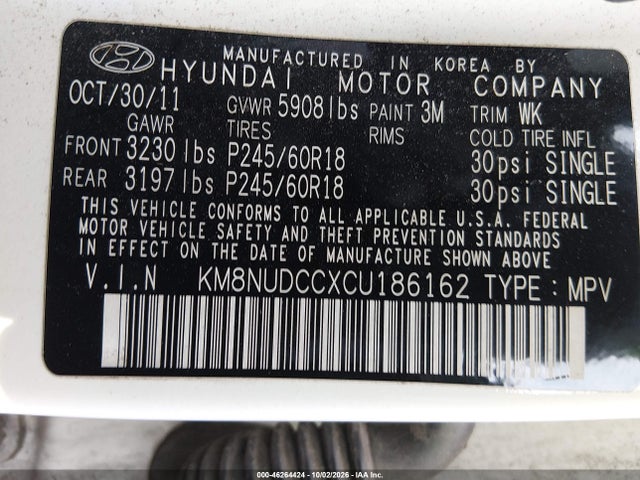 Продажа на аукционе авто 2012 Hyundai Veracruz Limited, vin: KM8NUDCCXCU186162, номер лота: 46264424