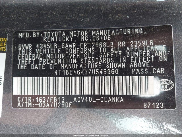 Продажа на аукционе авто 2007 Toyota Camry Le, vin: 4T1BE46K37U545960, номер лота: 46264430